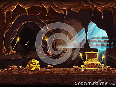 Illustration of the treasure cave with a waterfall and chest Vector Illustration