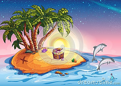 Illustration Treasure Island at sunset and cheerful dolphins Stock Photo