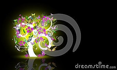 Illustration of a tree with flowers and butterflies on dark background Stock Photo