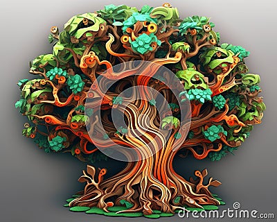 an illustration of a tree with lots of green and orange leaves Cartoon Illustration
