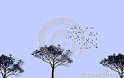 Illustration of trees and flying birds flock against clear sky in blue. Migrating birds concept. Stock Photo