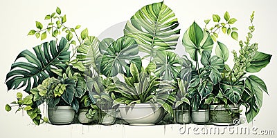 Illustration of trendy tropical green plants - monstera, monstera, palm and ficus Stock Photo