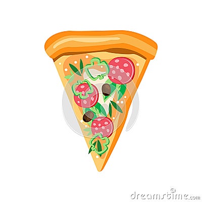 Triangle pizza slice with pepperoni, pepper, olives, mozzarella and basil leaves. Fast food theme. Flat vector icon Vector Illustration