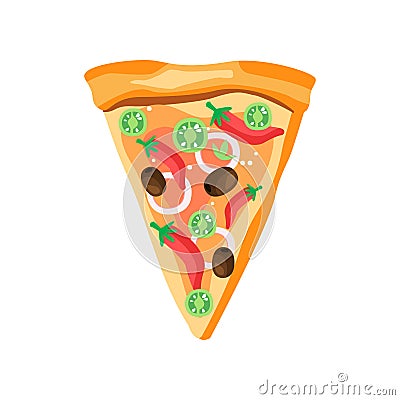 Triangle pizza slice with red pepper, olives, onion and green tomatoes. Appetizing fast food. Flat vector element for Vector Illustration