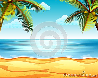 The tropical beach view with the sandy beach and two coconut tree in both sides Vector Illustration