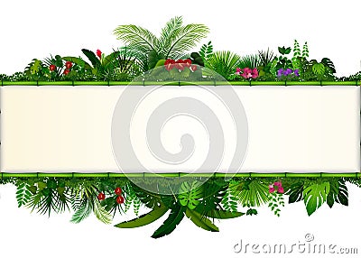 Tropical leaves background. Rectangle plant bamboo frame with space for text. Tropical foliage with horizontal banner Vector Illustration