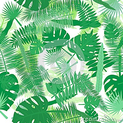 Illustration of tropical leaves in shades of green on a white background. Vector seamless pattern. Tropical illustration. Cartoon Illustration