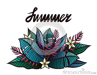 Illustration With Tropical Plants And Flowers and lettering `Summer` above Stock Photo