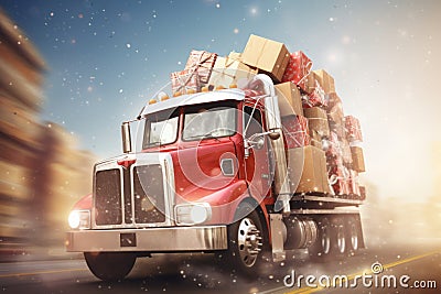 Illustration of truck car full of Christmas presents. delivery car, shipping cargo service Stock Photo
