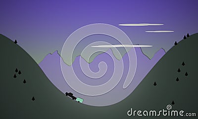 Illustration of a truck pulling a trailer up a hill Stock Photo