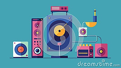 An illustration of a turntable being connected to a preamp and speakers in the optimal audio setup. Vector illustration. Vector Illustration