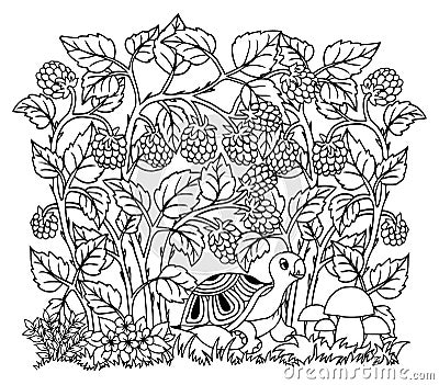 Illustration, a turtle in a clearing among the raspberry bushes. Coloring book. Antistress for adults and children. The work was d Stock Photo