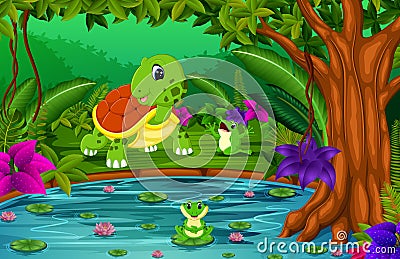 Turtle and frog in the jungle with lake scene Vector Illustration
