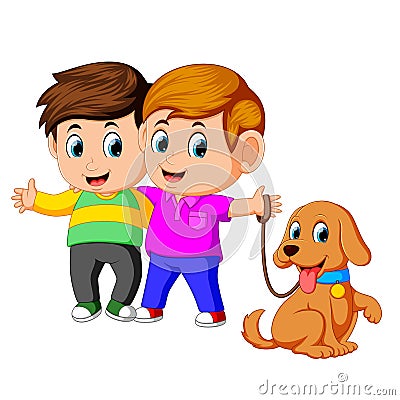 Two boys with pet dog Vector Illustration