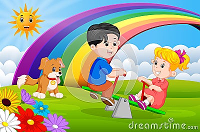 Two Children and dogs playing seesaw in the park on rainbow Vector Illustration