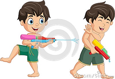 Two cute kids cartoon playing water gun Vector Illustration