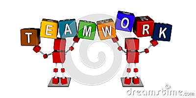 Illustration of two 3d red cube character lift up colourful cubes with team work word Stock Photo