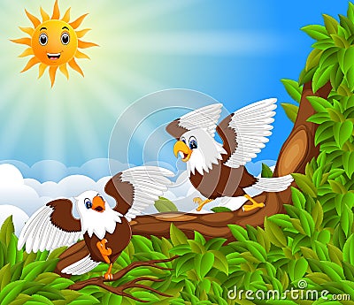 Two dahing eagle perch on the trunk on the sunny day in the forest Vector Illustration