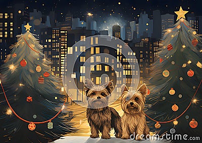 Illustration two dogs around a Christmas tree in the background urban skyscrapers night. Christmas card as a symbol of remembrance Vector Illustration