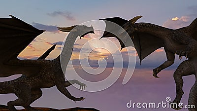 Illustration of two dragons standing and flying in the foreground with a moon and darkening sky at twilight Cartoon Illustration