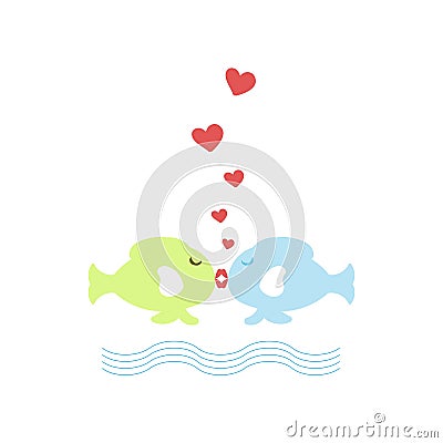 Illustration of two fish kissing and making heart bubbles Cartoon Illustration