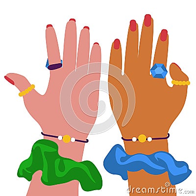 Illustration of two friends with the same jewelry reaching out to each other to clap their hands. The girls express Vector Illustration