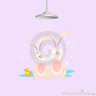 Illustration of two funny bunnies with shower on violet background Cartoon Illustration
