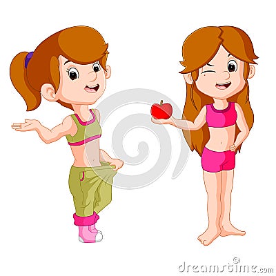 Two girl diet holding apple Vector Illustration