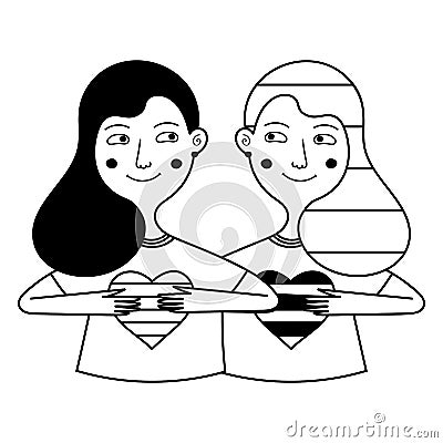 Illustration of two girls hold hearts. The relationship of two women. Vector Illustration