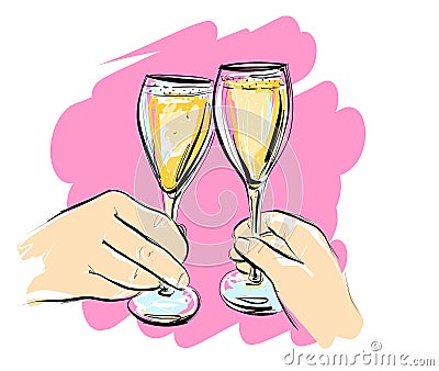 Illustration. Two glasses of champagne. A couple clink glasses of wine. Vector Illustration