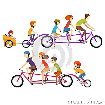 Illustration of two happy families riding on big tandem bike. Funny recreation with kids. Cartoon people characters with Vector Illustration