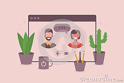 Illustration of two happy people talking via video call on browser window. Smiling men and women work and communicate remotely. Vector Illustration