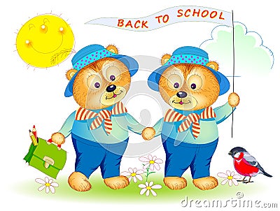 Illustration of two little bears going to school. Printable page for baby book. Cover for kids textbook. Back to school. Vector Illustration