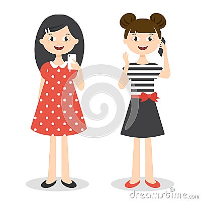 Illustration of two little cute girls with smartphones Vector Illustration