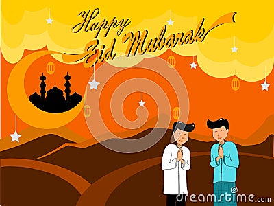 The illustration of two man about to shake hands. the illustration of eid al-fitr background Vector Illustration