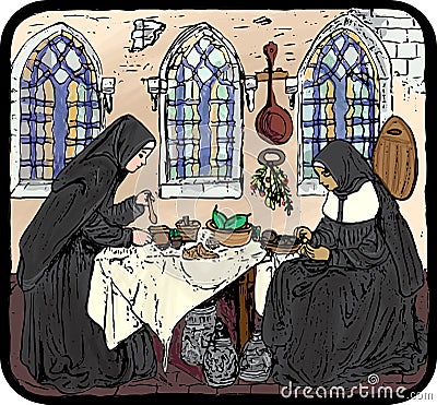 Two medieval nuns working in a castle kitchen Stock Photo