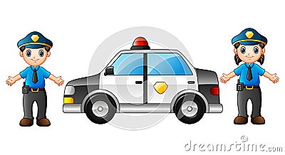 Two police officers with police car Vector Illustration