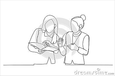 Illustration of two successful businesswomen discussing and looking to documents. One continuous line art style Vector Illustration