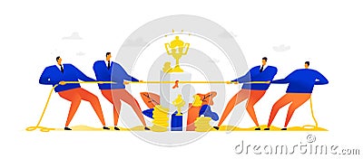 Illustration of two teams pulling a rope. Vector. Competitions between businessmen. Metaphor. Team sport. The battle for trophies, Vector Illustration