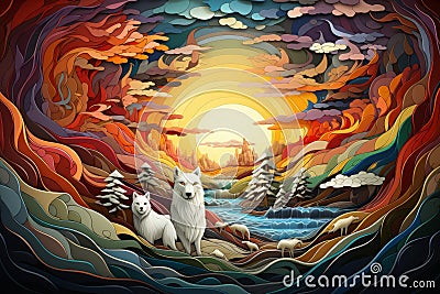 an illustration of two white wolves standing in front of a river and mountains Cartoon Illustration