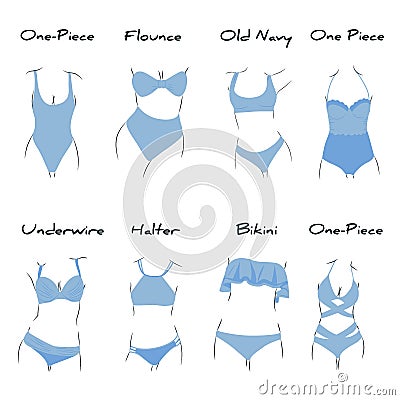 Illustration with types of swimsuites inside. Every type has name. For beauty and fashion style Stock Photo