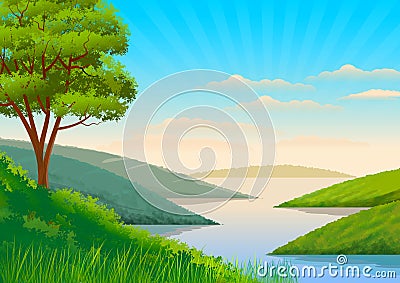 Illustration with typical christmas landscape background. In the background snowy mountains, pine groves and in the foreground sn Stock Photo