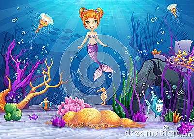 Illustration of the underwater world with a funny fish and a mermaid Stock Photo