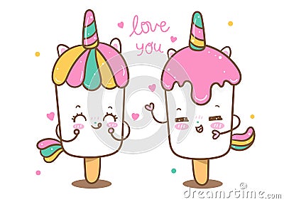 Illustration of Unicorn ice cream cartoon love you valentines day,Kawaii pony cartoon, Summer holiday, white background sweet Vector Illustration