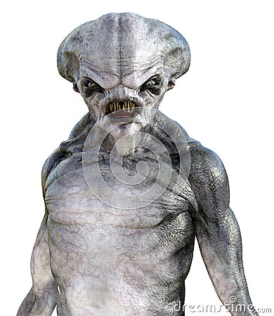 Illustration of the upper torso of alien with long sharp teeth looking forward on a white background Cartoon Illustration