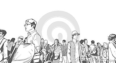 Illustration of urban crowd from low angle view with towers and high rises in background in black and white grey scale Vector Illustration