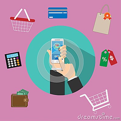 Illustration of using online mobile shopping services. Put on the floor of the desk There are devices involved in the business Vector Illustration