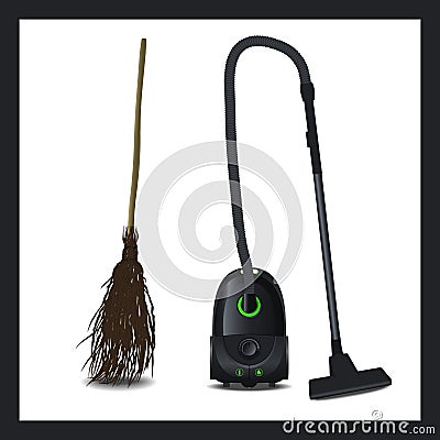 Illustration of a vacuum cleaner and broom. The evolution of technical devices Vector Illustration