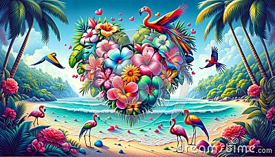Illustration of Valentine card on summer beach resort background. Honeymoon. Tourism Stock Photo