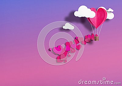 Illustration for Valentine`s Day. Living heart shaped balloons Living Coral fly among the clouds and praise love. concept of love Stock Photo